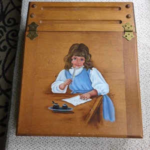 Antique Wooden Travel Writing Lap Desk Slanted Hand Painted Signed Folk Art Kids - Picture 1 of 2