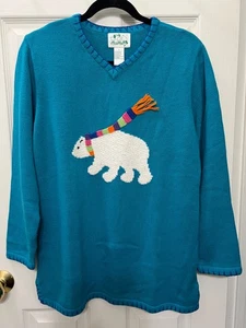 Vtg Quacker Factory Polar Bear V-Neck Tunic Sweater Pullover Blue Women's Small - Picture 1 of 11