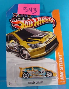 #343 HOT WHEELS STUNT 2013 CITROEN C4 RALLY #91 YELLOW WITH GRAPHICS NEW ON CARD - Picture 1 of 1