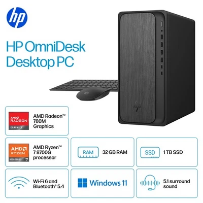 HP Omnidesk Tower AMD Ryzen 7 8700G 32GB DDR5 1TB SSD Windows 11 Home - Image 1 of 3
