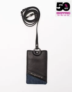 DIESEL "DAILY DNA" BEGGIAMY porta badge carta d'identità in pelle bordo denim cinturino lungo - Foto 1 di 6