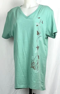 NEW NWT ALASKA Green S/S Floral Bird Print V-Neck Souvenir T-Shirt by E.M.I. XXL - Picture 1 of 3