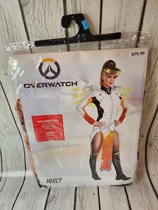 Overwatch Mercy Costume L Large 10-12 Catsuit Gold Halo Headband Wings 3pc NEW!