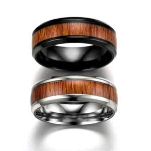 New Mens Ladies Steel Rose Wood Style Inlay Ring Band Choose Size 6-13 Fashion - Picture 1 of 9