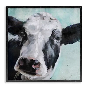 Stupell Industries Gentle Farm Cow Painting on Blue Wall Art, 17x17, Black Fr... - Picture 1 of 9