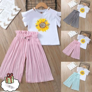 Toddler Kids Girls Sets Summer Sunflower Tops Chiffon Ruched Loose Pants Sets - Picture 1 of 21