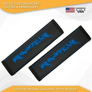 Custom Embroidery Vegan Leather Car Seat Belt Covers Fit Ford Raptor F-150 Blue - Picture 1 of 7