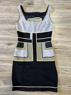 Vestido Vaina Zac Posen Para Mujer Cremallera Trasera Cuello Cuadrado Seda Negro Gris Marrón Talla 2 Foto 1 de 4