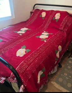 vintage christmas cranberry Red crochet blanket queen size floral country READ - Picture 1 of 11