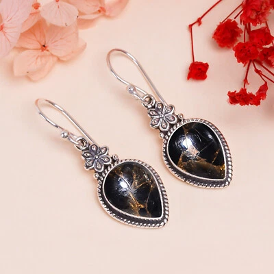 Copper Black Turquoise Gemstone 925 Sterling Silver Earring Drop Dangle Jewelry. - Image 1 of 4