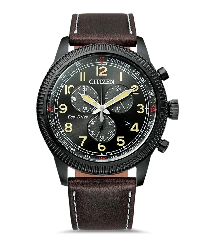 Citizen Black Dial Eco-Drive AT2465-18E Chronograph Leather Band Men's Watch