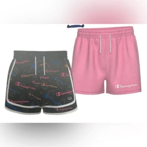 NWT Champion Girls Kids 2 Pair Athletic Shorts Black Logo & Pink - Size 10/12 - Picture 1 of 6