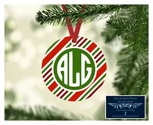 MONOGRAM INITIALS METAL CHRISTMAS ORNAMENT PERSONALIZED - RED STRIPES - DESIGN 6 - Picture 1 of 1
