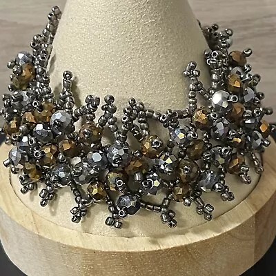 Vintage Beaded Bracelet Bronze & Pewter French Design Stretch Bangle - Image 1 of 4