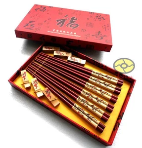 SET 6 Pairs Chopsticks/Rests/Box wood Pyrograph Carved Chinese Plum Blossom type - Picture 1 of 5