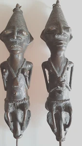 Pair mid 20th century African Ogboni Yoruba bronze tribal fertility figures 1930 - Picture 1 of 6