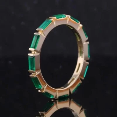925 Silver Lab Created Gold Rectangle Cut Vivid Emerald Eternity - Image 1 of 2