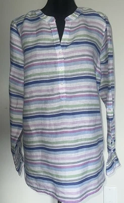Blusa Top Talbots Azul Verde Blanco Negro Rayas Manga Larga Lino Talla Mediana Foto 1 de 4