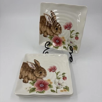 NEW!Maxcera Square Spring Easter Bunny Pink Floral Salad Dessert Plates Set of 3 - Image 1 of 4