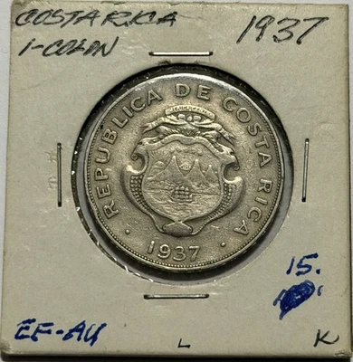 1937 Costa Rica 1 COLON RARE! Central America CuNi Coin Low mintage 300k - Image 1 of 4