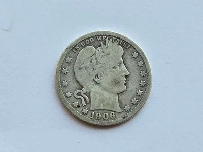 Cuarto de plata barbero 1906-D muy bueno 190501 Foto 1 de 2