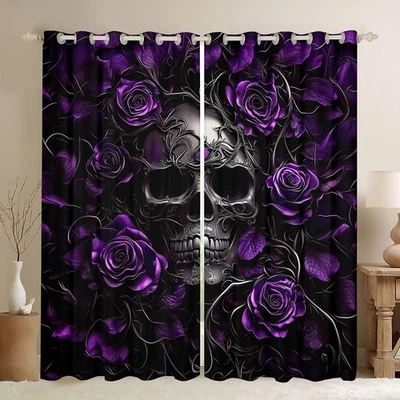 Cortinas Calavera de Azúcar, 38"x45", Floral Rosa Púrpura, Apagón Esqueleto Gótico,... Foto 1 de 4
