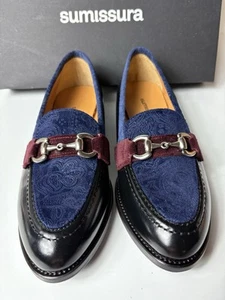 Sumissura Damen Gr. 39 Unikat Blau Wildleder Schwarz Leder Slipper Pferd Gebiss Halbschuh - Bild 1 von 11