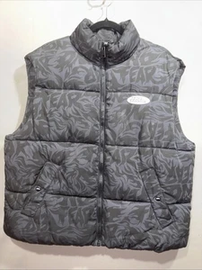 No Fear H&M Puffer Vest Womens Medium  Black Full Zip All Over Graphic Mock Neck - Picture 1 of 8