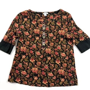 Sundance Black Cordelia Bloom Henley Tee Shirt Thermal Onyx Floral Size Medium - Picture 1 of 7