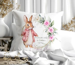 Personalised Kids Pink Rabbit cushion, baby shower gift, new born birth present - Picture 1 of 3