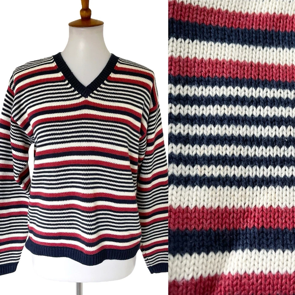 Vintage The Limited Womens Sweater Medium Red White Blue VNeck Cotton Retro 90s - Image 1 of 4