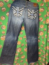 Monarchy Embellished Stitched Studded Flags Back Pockets Denim Jeans Mens Sz 34