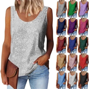 Ladies Glitter Sequins Tanks Tops Party Scoop Neck Blouse Summer Tee Shirts Vest - Picture 1 of 20