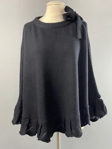 Angora & Lambswool Black Poncho Wrap w/ RuffleDetail & Cut-Out Hem - Picture 1 of 5