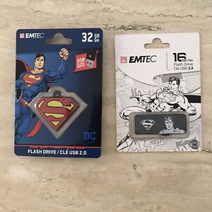2 Emtec Superman USB 2.0 Flash Drives 32 GB & 16 GB Sealed Packs New