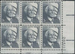 Plate Block of 6 stamps - Scott 1280 - 2 cent - Frank Lloyd Wright - 1966 - MNH - Picture 1 of 1