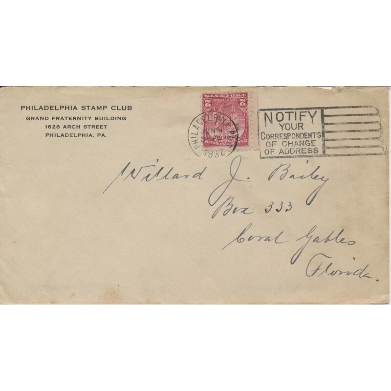 Philadelphia Stamp Club corner card 1932 Address Change Slogan cancel Arbor Day - Image 1 of 1