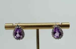 Pendientes de plata de ley amatista africana en forma de pera con circón blanco brillante - Imagen 1 de 9