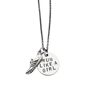 Running Shoe RUN LIKE A GIRL Necklace~Hand Stamped Charm~18 inch Gunmetal Chain - Picture 1 of 4