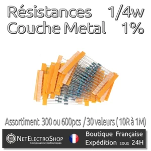 Résistances - Couche Métal - 1/4W - 1% - Lot de 300 ou 600pcs / 30 valeurs - Picture 1 of 1