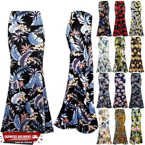 Womens Ladies Printed Stretchy Gypsy Flared Maxi Elasticated High Waist Skirt - Picture 1 of 43