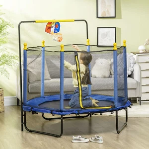 Kids Trampoline with Net Horizontal Bar Basketball Hoop Indoor, Blue - Picture 1 of 11