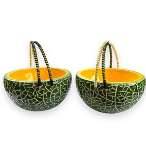 Vintage Seyei Ceramic Cantaloupe Melon Handled Bowl Basket Set of 2 Antique - Picture 1 of 13