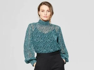 Women's Floral Print Long Blouson Sleeve Mock Neck Blouse-Prologue-Green Dot NWT - Picture 1 of 4
