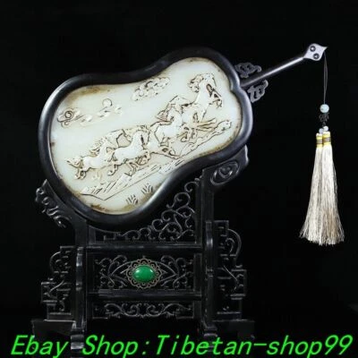 Antigua dinastía china de 14,7"" gemas con incrustaciones de madera de ébano jade blanco 8 caballos abanico estatua Foto 1 de 4