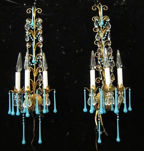 2 Apliques Dorados Tole Macarrones Cuentas OPALINO Cristal Azul Italia Vintage Florentino - Imagen 1 de 10