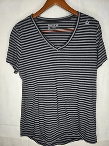 Reebok T-shirt Black Gray Stripe Short Sleeve V-neck Activewear Top Women's XL - Picture 1 of 17