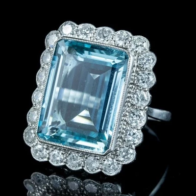 Emerald Cut 5.25Ct Aquamarine Halo Engagement Ring 14k White Gold Finish Size Q - Image 1 of 4