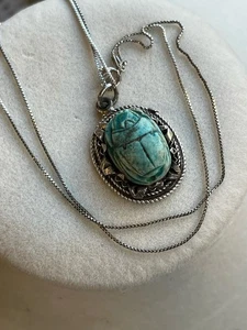 Vintage Egyptian Scarab Pendant Necklace Very Detailed 20” - Picture 1 of 8