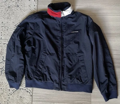 TOMMY HILFIGER Mens L Vintage 90s Navy Red Full Zip Packable Hood Jacket  *Read* - Image 1 of 4